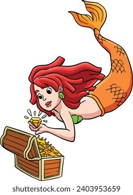 Mermaid with a Treasure Box Cartoon Clipart 