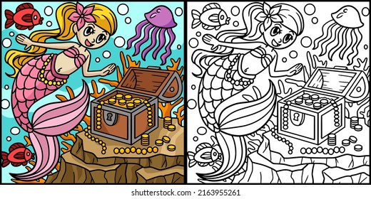 Mermaid With Treasure Box Colored Illustration