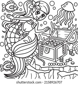 Mermaid With Treasure Box Coloring Page