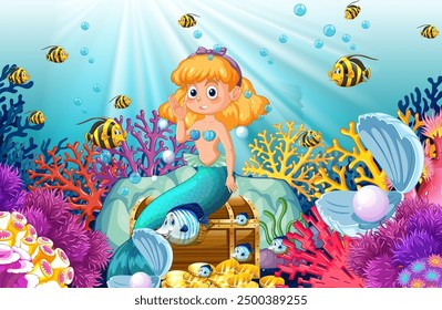 Mermaid with treasure chest in colorful coral reef