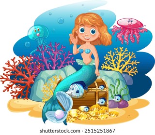 Mermaid with treasure chest and sea creatures