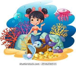 Mermaid with treasure chest and sea creatures