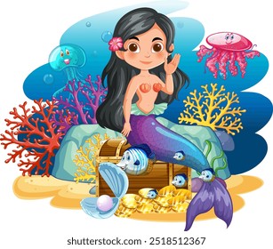 Mermaid with treasure chest and sea creatures