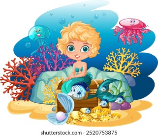 Mermaid with treasure chest and sea creatures