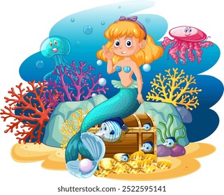 Mermaid with treasure chest and sea creatures