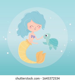 mermaid and turtle bubbles cartoon under the sea vector illustration