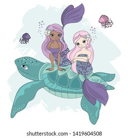 MERMAID TURTLE Cartoon Tropical Animal Vector Illustration Set