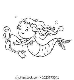 Mermaid and turtle contour illustration. Vector coloring book page.