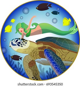 Mermaid with turtle and corals. With coral fishes. Fun swimming under water. Cartoon.