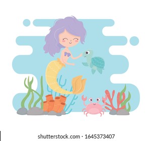 mermaid turtle crab coral reef rocks cartoon under the sea vector illustration