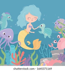 mermaid turtle octopus seahorse shrimp reef coral cartoon under the sea vector illustration