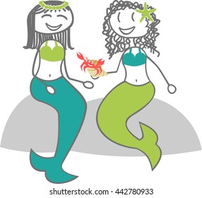 Mermaid
Two sirens discuss sitting on a rock with a shell in the hands