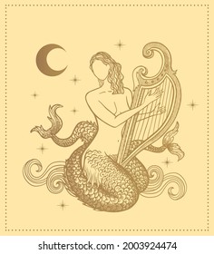 mermaid with two tails and a harp. engraving, tattoo