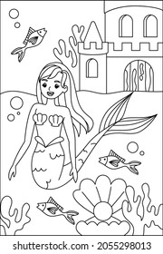 mermaid under the sea coloring page for kids