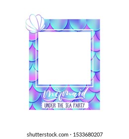 Mermaid under the sea party photo booth with shell vector illustration. Colorful frame for photography decorated by ocean symbol. Colorful geometric shape with pattern and aqua sign