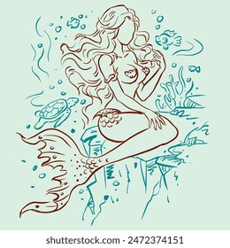 Mermaid under the sea vector for card, decoration, illustration