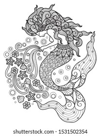 Mermaid under the sea.
Zentangle stylized cartoon isolated on white background. 
Hand drawn sketch illustration for adult coloring book. 
