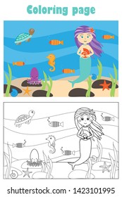 Mermaid under water in cartoon style, summer coloring page, education paper game for the development of children, kids preschool activity, printable worksheet, vector illustration