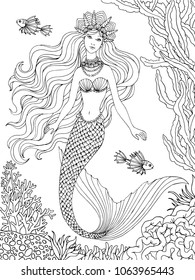 Hand Drawn Mermaid Gold Fish Underwater Stock Vector (Royalty Free ...