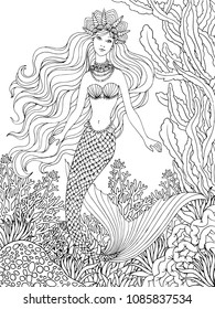 Mermaid undersea, hand drawn linen vector illustration on a white background for coloring book.