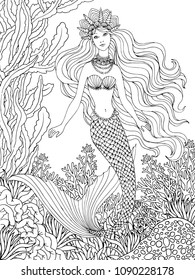 Mermaid undersea, hand drawn linen vector illustration on a white background for coloring book