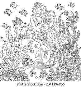 Mermaid undersea, hand drawn linen vector illustration on a white background for coloring book