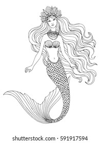 Mermaid undersea, hand drawn linen vector illustration on a white background for coloring book