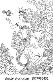 Mermaid undersea, hand drawn vector illustration on a white background for coloring book