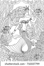 Mermaid undersea, hand drawn vector illustration on a white background for coloring book