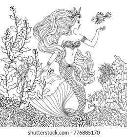 Mermaid undersea, hand drawn vector illustration on a white background for coloring book