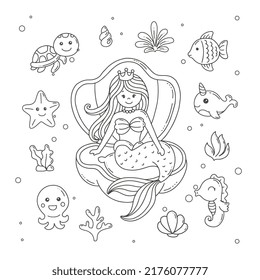 Mermaid with underwater animals and plant coloring page for kids