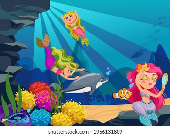Mermaid underwater. Cartoon ocean deep world with fishes, seaweeds and cute mermaids and dolphin. Undersea bottom vector background. Fairy tale magical characters looking into mirror, having fun