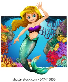 Mermaid and underwater scene in background illustration