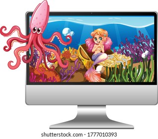 Mermaid underwater scene on computer screen illustration