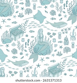 mermaid underwater sea animals seamless pattern in toile de jouy style. stingray, whale, clownfish, jelly fish, shell background. Good for fabric, wallpaper, textile, fashion design, wrapping paper.