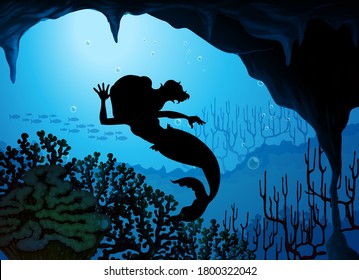 Mermaid underwater silhouette scene illustration