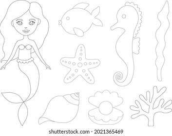 Mermaid underwater world black and white coloring vector illustration