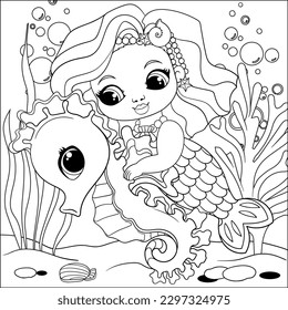 Mermaid. Underwater world. Black and white illustration for coloring book. Educational coloring page Mermaid Princess