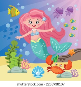 Mermaid In The Underwater World, Cartoon Style Illustration For Children Depicting A Mermaid Surrounded By Marine Animals And Plants. Picture For Children's Book, Teaching Aids.
