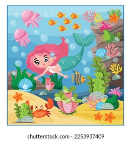 Mermaid In The Underwater World, Dives And Swims. Cartoon Style Illustration For Children Depicting A Mermaid Surrounded By Marine Animals And Plants. Picture For Children's Book, Teaching Aids.
