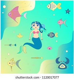 Mermaid in the underwater world with fish, crab and seashells. Eps 10 vector.