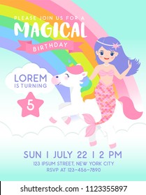 Mermaid and unicorn cartoon illustration with rainbow background for magical party invitation card template