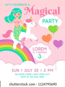 Mermaid and unicorn cartoon illustration with rainbow and clouds background for magical party invitation card template