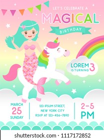 Mermaid and unicorn cartoon illustration with sky background for magical party invitation card template