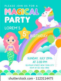 Mermaid and unicorn cartoon illustration with sky background for magical party invitation card template
