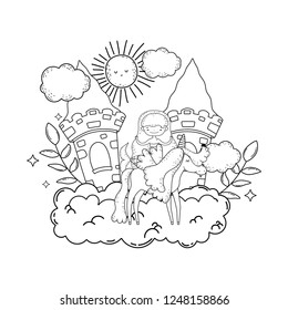 mermaid with unicorn and castle in cloud