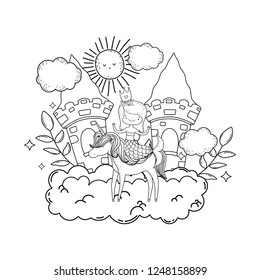mermaid with unicorn and castle in cloud