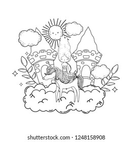 mermaid with unicorn and castle in cloud