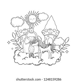 mermaid with unicorn and castle in cloud