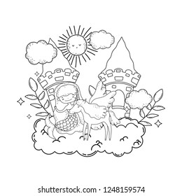 mermaid with unicorn and castle in cloud
